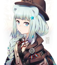 Rule 34 | 1girl, arknights, beret, blue eyes, blue hair, blue necktie, brown hat, brown jacket, brown vest, collared shirt, cyrillic, hair ornament, hand up, hat, highres, istina (arknights), jacket, light blue hair, long hair, long sleeves, looking at viewer, monocle, necktie, school uniform, shirt, solo, star (symbol), star hair ornament, upper body, vest, wakamepiza, white shirt