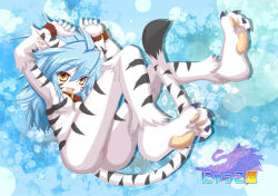 Rule 34 | 1girl, animal ears, animal hands, bad id, bad pixiv id, barefoot, blue hair, blush, breasts, collar, feet, furry, furry female, fuurin rei, groin, looking at viewer, nude, open mouth, original, pawpads, smile, soles, solo, tail, toe scrunch, toes, tomoyan (nyakkoya), yellow eyes