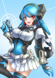 Rule 34 | 1girl, alice (girl gun lady), black bow, blue eyeshadow, blue gloves, blue hair, boots, bow, breasts, collared shirt, eyeshadow, girl gun lady, gloves, gun, hair between eyes, handgun, highres, holding, holding gun, holding weapon, large breasts, makeup, open hand, pistol, pottya, red eyes, shirt, skindentation, skirt, smile, solo, thigh boots, thighhighs, tokusatsu, twintails, weapon, white shirt, white skirt