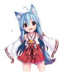 Rule 34 | 1girl, ahoge, animal ear fluff, animal ears, blue hair, brown eyes, character request, detached sleeves, dog ears, dog tail, hair ornament, hairclip, hakama, hakama short skirt, hakama skirt, highres, indie virtual youtuber, japanese clothes, long hair, miko, miniskirt, open mouth, original, outstretched arms, red hakama, red skirt, shirt, simple background, skirt, sleeves past wrists, smile, solo, tail, tamase tama, virtual youtuber, white background, white shirt