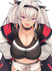 Rule 34 | 1girl, ahoge, alternate breast size, blush, breasts, cleavage, collar, crossed bangs, fangs, grey hair, hands on own hips, highres, large breasts, leaning forward, long hair, looking at viewer, matsukai mao, navel, nijisanji, open mouth, pen (pen3), purple eyes, shirt, short shorts, shorts, simple background, solo, spiked collar, spikes, virtual youtuber, white background