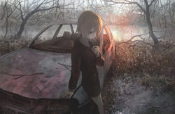 Rule 34 | 1girl, arm support, bare tree, blonde hair, blue eyes, car, commentary, dark, forest, hand up, highres, jacket, looking to the side, motor vehicle, muted color, nature, original, pond, scenery, short hair, shorts, solo, sunlight, tokunaga akimasa, tree, turtleneck, twig, water, zipper