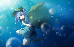 Rule 34 | 1girl, air bubble, backpack, bag, bare arms, blue dress, blue eyes, blue footwear, blue hair, blue theme, boots, bubble, dress, full body, green hat, hair bobbles, hair ornament, hat, highres, kawashiro nitori, key, looking at viewer, pocket, puffy short sleeves, puffy sleeves, rubber boots, short sleeves, sinensian, solo, touhou, two side up, underwater, water