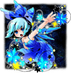Rule 34 | 1girl, bare shoulders, blue eyes, blue hair, bow, cirno, dress, magic, matching hair/eyes, moonyan, open mouth, outstretched arm, short hair, solo, embodiment of scarlet devil, touhou, aged down