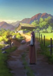 Rule 34 | 1girl, basket, blue sky, brown hair, brown skirt, building, bush, day, fence, gradient sky, grass, holding, holding basket, house, kimura (user iht1203), long hair, long skirt, long sleeves, looking at viewer, looking back, mountain, original, outdoors, path, puffy sleeves, road, rock, scenery, shade, shirt, sign, skirt, sky, solo, standing, sunlight, white shirt