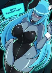 Rule 34 | 1girl, animal ears, black leotard, blue eyes, blue hair, blue skin, blush, bow, bowtie, breasts, rabbit ears, cleavage, colored skin, cuff links, curvy, dark samus, glowing, glowing hair, iriomote umineko, large breasts, leotard, long hair, looking at viewer, metroid, naughty face, nintendo, smile, solo, speech bubble, thick thighs, thighhighs, thighs, wide hips