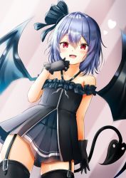 Rule 34 | 1girl, :d, alternate costume, bare arms, bare shoulders, black dress, black gloves, black ribbon, black thighhighs, blue hair, blush, commentary request, cowboy shot, demon tail, dress, dutch angle, fang, frills, garter straps, gloves, hair between eyes, hair ribbon, halterneck, hand up, heart, looking at viewer, no headwear, off-shoulder dress, off shoulder, open mouth, red eyes, remilia scarlet, renka (cloudsaikou), ribbon, short dress, short hair, smile, solo, standing, tail, thighhighs, thighs, touhou, zettai ryouiki