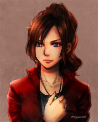 Rule 34 | 1girl, blue eyes, breasts, brown hair, capcom, claire redfield, closed mouth, denim, jacket, jewelry, long hair, nagare, necklace, ponytail, resident evil, resident evil 2, resident evil 2 (remake), simple background, solo