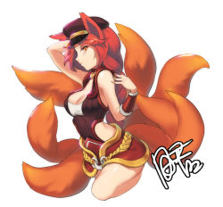 Rule 34 | 1girl, ahri (league of legends), alternate color, alternate costume, alternate hair color, animal ears, arm behind head, arm up, armor, bare shoulders, braid, breasts, cleavage, clothing cutout, collar, dakun, expressionless, faulds, fox ears, fox tail, foxfire ahri, from side, hat, heart, large breasts, league of legends, leg up, long hair, looking at viewer, multiple tails, orange eyes, peaked cap, profile, red hair, rope, side cutout, signature, simple background, single braid, slit pupils, solo, tail, taut clothes, vambraces, very long hair, white background