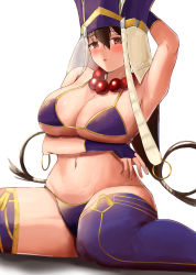 Rule 34 | 1girl, absurdres, arm behind head, arm under breasts, arm up, armpits, artist request, bare shoulders, bead necklace, beads, bikini, blush, breasts, bridal gauntlets, brown eyes, brown hair, cleavage, earrings, fate/grand order, fate (series), hat, highres, hoop earrings, jewelry, large breasts, long hair, looking at viewer, navel, necklace, open mouth, prayer beads, purple bikini, purple thighhighs, simple background, sitting, solo, swimsuit, thighhighs, thighs, wariza, white background, xuangzang sanzang (fate)