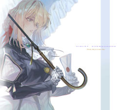 Rule 34 | 1girl, ascot, blonde hair, blue eyes, breasts, brooch, dress, green brooch, hair bun, holding, holding letter, jewelry, letter, looking to the side, maeshima shigeki, mechanical arms, medium breasts, parasol, parted lips, red lips, solo, umbrella, upper body, violet evergarden, violet evergarden (series), white ascot