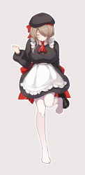 Rule 34 | 1girl, apron, beret, black footwear, black hat, breasts, brown hair, closed eyes, closed mouth, crossover, full body, genshin impact, grey background, hair over one eye, hat, highres, holding, holding shoes, honkai (series), honkai impact 3rd, kana (ky4696), long sleeves, maid, mihoyo, mole, mole under eye, necktie, noelle (genshin impact), noelle (kfc) (genshin impact), pantyhose, removing shoes, rita rossweisse, shoes, short hair, simple background, smile, solo, white pantyhose