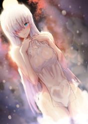 Rule 34 | 1girl, anastasia (fate), backlighting, blue eyes, blush, breasts, commission, covering privates, fate/grand order, fate (series), full moon, hair over one eye, highres, long hair, looking at viewer, medium breasts, moon, naked towel, nude, nude cover, one eye covered, parted lips, satou daiji, silver hair, skeb commission, snowing, solo, steam, towel, very long hair, wet