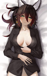 Rule 34 | 1girl, animal ears, bed sheet, black shirt, blush, breasts, brown hair, chinese commentary, clisapex, closed mouth, collarbone, collared shirt, commentary request, fox ears, fox girl, green eyes, hair between eyes, highres, honkai: star rail, honkai (series), jewelry, large breasts, long hair, looking at viewer, lying, on back, open clothes, shirt, smile, solo, tingyun (honkai: star rail)