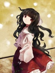 Rule 34 | detached sleeves, frilled skirt, frills, hair ribbon, japanese clothes, long hair, miko, portrait of exotic girls, red eyes, red skirt, retrochaossan, ribbon, shirt, skirt, solo, touhou, very long hair, wavy hair, white ribbon, white shirt, wide sleeves