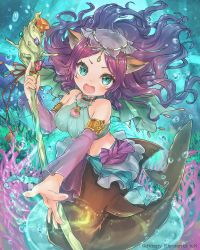 Rule 34 | 1girl, animal ears, aqua eyes, armlet, bare shoulders, bow, bubble, cat ears, circlet, coral, detached sleeves, fangs, gem, halterneck, halterneck, jewelry, kuuyasatuki, long hair, looking at viewer, lots of jewelry, majoca majoluna, mermaid, midriff, monster girl, necklace, open mouth, original, outstretched arm, outstretched hand, purple hair, ribbon, seashell, see-through, shell, skirt, solo, staff, underwater