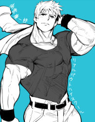 Rule 34 | 1boy, aqua theme, blue theme, greyscale with colored background, jacket, jacket over shoulder, unworn jacket, large pectorals, mabataki, male focus, monochrome, muscular, nagumo keiichirou, pectorals, real bout high school, shirt, short hair, solo, t-shirt, translation request, wristband
