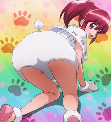 Rule 34 | 10s, 1girl, aino megumi, happinesscharge precure!, haruyama kazunori, kneeling, looking at viewer, looking back, open mouth, paw print, ponytail, precure, rainbow background, red eyes, red hair, short hair, solo