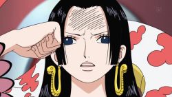 Rule 34 | 1girl, amazon lily, black hair, blue eyes, boa hancock, earrings, female focus, frown, jewelry, leaning, long hair, looking at viewer, one piece, pet, salome (one piece), screencap, snake, solo