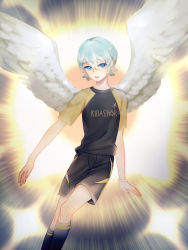 Rule 34 | 1boy, androgynous, angel wings, blue eyes, dodonko, hair between eyes, inazuma eleven (series), inazuma eleven ares no tenbin, looking at viewer, male focus, saotome seiya, shorts, silver hair, smile, soccer uniform, solo, sportswear, wings