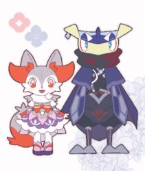 Rule 34 | 1boy, 1girl, :3, alternate color, alternate shiny pokemon, animal ear fluff, animal ears, animal nose, arms at sides, black pants, black shirt, blue cape, blue capelet, blue eyes, blue flower, blue skin, blush, body fur, bow, bowtie, braixen, cape, capelet, chibi, clothed pokemon, colored skin, covered mouth, creatures (company), dress, earrings, fins, flower, flower earrings, fox ears, fox girl, fox tail, frog boy, full body, furry, furry female, furry male, game freak, gen 6 pokemon, greninja, grey footwear, grey fur, half-closed eyes, happy, head fins, jewelry, juliet sleeves, kiki (431642), light blush, long sleeves, looking at viewer, lowres, multicolored clothes, multicolored dress, multicolored skin, muneate, ninja, nintendo, open mouth, pants, pokemon, pokemon (creature), puffy pants, puffy sleeves, purple footwear, red bow, red bowtie, red eyes, red flower, red scarf, sandals, scarf, shirt, short dress, single earring, smile, standing, straight-on, tail, thighhighs, two-tone fur, two-tone skin, two-tone thighhighs, white background, white fur, white scarf, white thighhighs, yellow skin