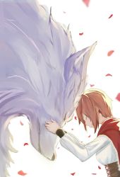Rule 34 | 1girl, absurdres, animal, bad id, bad pixiv id, brown hair, cape, closed mouth, corset, closed eyes, hands on another&#039;s face, heads together, highres, little red riding hood, long sleeves, nananamako, original, petals, red cape, rose petals, short hair, simple background, smile, tagme, white background, white wolf, wolf