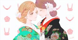 Rule 34 | 2girls, aqua kimono, black kimono, blonde hair, bride, brown eyes, brown hair, closed eyes, closed mouth, commentary, female focus, floral print, flower, forehead-to-forehead, hair flower, hair ornament, hand on another&#039;s shoulder, heads together, highres, japanese clothes, kimono, knot, layered clothes, layered kimono, lips, long hair, looking at another, matching hair/eyes, multiple girls, original, parted lips, pink flower, print kimono, sheepd, simple background, smile, tassel, twitter username, upper body, white background, wife and wife, yuri