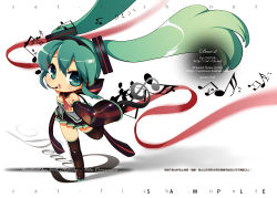 Rule 34 | 1girl, chibi, detached sleeves, green eyes, green hair, hatsune miku, headset, long hair, mao yu, matching hair/eyes, musical note, necktie, see-through, skirt, solo, thighhighs, twintails, very long hair, vocaloid