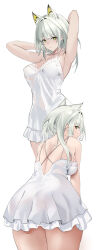 Rule 34 | 1girl, animal ears, arknights, armpits, arms up, ass, bare arms, bare shoulders, blazingchaos, breasts, cat ears, cleavage, closed mouth, extra ears, green eyes, grey hair, highres, kal&#039;tsit (arknights), large breasts, leaning forward, lingerie, long hair, looking at viewer, multiple views, negligee, simple background, underwear, white background