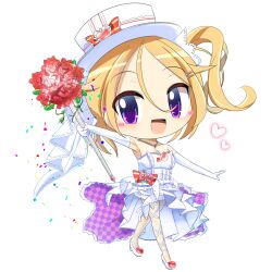 Rule 34 | 1girl, armpits, blonde hair, blush stickers, bow, breasts, bridal veil, character request, checkered clothes, checkered dress, chibi, cleavage, commentary request, dress, elbow gloves, flower, full body, gloves, hair between eyes, hair ornament, hairclip, hat, hat bow, high heels, holding, holding staff, hop step jumpers, jewelry, lets0020, looking at viewer, medium bangs, medium breasts, necklace, one eye closed, one side up, open mouth, purple eyes, red bow, red flower, red rose, rose, simple background, smile, solo, staff, strapless, strapless dress, top hat, transparent background, two-sided dress, two-sided fabric, veil, walking, wedding dress, white dress, white footwear, white gloves, white hat