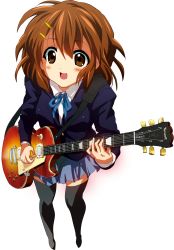 Rule 34 | 1girl, absurdres, bad id, bad pixiv id, black pantyhose, black thighhighs, blush, brown eyes, brown hair, female focus, guitar, hair ornament, hairclip, highres, hirasawa yui, instrument, k-on!, looking up, open mouth, oyu no kaori, pantyhose, perspective, plectrum, school uniform, short hair, solo, thighhighs, transparent background
