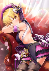 Rule 34 | 1girl, alternate eye color, armchair, armlet, bare back, bare shoulders, beret, black thighhighs, blonde hair, bow, breasts, chair, curtains, eyelashes, fingernails, from side, green eyes, hat, head rest, highres, idolmaster, idolmaster cinderella girls, indoors, lace, lace-trimmed legwear, lace trim, leaning on object, lens flare, looking at viewer, medium breasts, miyamoto frederica, mk (mod0), parted bangs, petals, short hair, sitting, sleeveless, smile, solo, thighhighs, zettai ryouiki