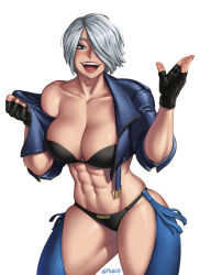 Rule 34 | 1girl, abs, angel (kof), bikini, blue eyes, breasts, clothes pull, hair over one eye, highres, jacket, jacket pull, large breasts, mootium, muscular, muscular female, smile, swimsuit, the king of fighters, the king of fighters xv, underwear, white hair