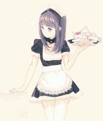 Rule 34 | 1girl, apron, arm support, bad id, bad tumblr id, beige background, black dress, brown eyes, brown hair, cake, cake slice, cup, dress, food, fruit, garter straps, highres, holding, holding tray, kokudou juunigou, long hair, maid, maid headdress, original, puffy short sleeves, puffy sleeves, short sleeves, signature, simple background, solo, strawberry, teacup, teapot, thighhighs, tray, waist apron, white apron, white thighhighs