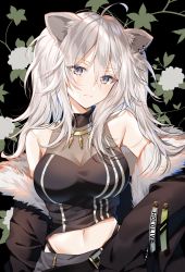 Rule 34 | 1girl, absurdres, ahoge, animal ears, bare shoulders, blush, breasts, cleavage, commentary request, copyright name, earrings, fur-trimmed jacket, fur trim, grey eyes, grey hair, hair between eyes, hand on own hip, highres, hololive, jacket, jewelry, large breasts, lion ears, lion girl, long hair, looking at viewer, midriff, myusha, necklace, see-through, see-through cleavage, shirt, shishiro botan, shishiro botan (1st costume), skirt, sleeveless, sleeveless shirt, solo, virtual youtuber