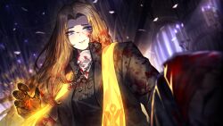 Rule 34 | 1girl, 1other, black gloves, black robe, blood, blood in hair, blood on clothes, blood on face, blue eyes, brown hair, game cg, gloves, highres, limbus company, long hair, mole, mole under eye, nai ga, official art, parted lips, project moon, robe, rodion (project moon), teeth