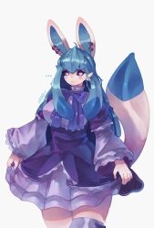 Rule 34 | ..., 1girl, animal ears, artist name, blush, body fur, borrowed design, bow, colored sclera, cosplay request, creatures (company), dress, ear piercing, frown, game freak, gen 4 pokemon, glaceon, grey eyes, high-waist skirt, highres, looking to the side, nintendo, personification, piercing, pokemon, purple bow, purple dress, purple sclera, single thighhigh, skindentation, skirt, tail, thighhighs, umineko no naku koro ni, white fur, woozie