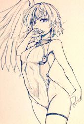 Rule 34 | 1girl, braid, breasts, commentary request, competition swimsuit, covered mouth, covered navel, d-m (dii emu), eyelashes, feathered wings, french braid, greyscale, kishin sagume, looking at viewer, monochrome, one-piece swimsuit, short hair, single wing, small breasts, swimsuit, touhou, traditional media, wings