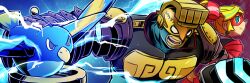 Rule 34 | 1boy, 1girl, arms (game), blonde hair, blue background, blue eyes, domino mask, energy, helmet, hitohito, looking at viewer, mask, max brass, nintendo, open mouth, ribbon girl (arms), smile, thunderbird (arms), upper body