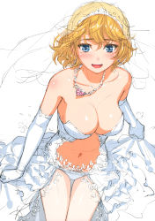 Rule 34 | 1girl, :d, absurdres, bare shoulders, blonde hair, blue eyes, breasts, bridal veil, cleavage, cowboy shot, dress, elbow gloves, gloves, highres, homunculus (alchemynote), jewelry, leaning forward, looking at viewer, medium breasts, navel, necklace, open mouth, original, revealing clothes, scan, short hair, simple background, sketch, smile, solo, strapless, strapless dress, teardrop, thigh gap, veil, white background, white dress, white gloves