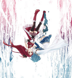 Rule 34 | 10s, 2girls, bare shoulders, blue hair, boots, cape, detached sleeves, dissolving, falling, gloves, hand on another&#039;s cheek, hand on another&#039;s face, highres, holding hands, kmgk, long hair, magical girl, mahou shoujo madoka magica, mahou shoujo madoka magica (anime), miki sayaka, multiple girls, ponytail, red eyes, red hair, sakura kyoko, short hair, smile, thighhighs, white gloves