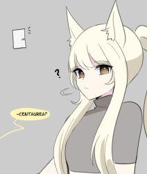 Rule 34 | 1girl, ?, animal ears, arknights, blonde hair, comic, english text, grey background, grey sweater, horse ears, horse girl, platinum (arknights), ponytail, sidelocks, simple background, solo, supershrimpcakes, sweater, upper body, white hair, yellow eyes