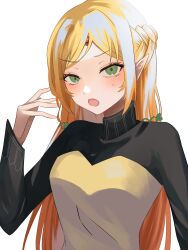 Rule 34 | 1girl, absurdres, blonde hair, blush, commentary request, elf, forehead jewel, green eyes, highres, isekai ojisan, long hair, open mouth, pointy ears, sidelocks, simple background, solo, sui (isekai ojisan), tsukuno tsuki, upper body, white background