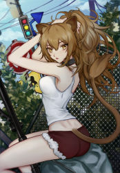 Rule 34 | 1girl, animal ear fluff, animal ears, arknights, ass, bad arm, bare arms, bare shoulders, black choker, blue sky, breasts, brown eyes, brown hair, choker, crop top, day, fur-trimmed shorts, fur trim, hair between eyes, highres, lion ears, lion tail, long arms, long hair, looking at viewer, looking back, medium breasts, midriff, outdoors, red shorts, sasara (kanaringgg), short shorts, shorts, siege (arknights), sitting, sky, solo, tail, tank top, thighs, traffic light, white tank top