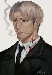 Rule 34 | 1boy, black coat, black necktie, blood, blood on clothes, blood on face, chainsaw man, cigarette, coat, collared shirt, ear piercing, facial hair, formal, grey hair, highres, kishibe (chainsaw man), looking to the side, ndsoda, necktie, piercing, scar, scar on face, shirt, short hair, simple background, smoke, smoking, solo, stitched mouth, stitches, stubble, suit, undercut, white background, white shirt