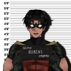 Rule 34 | 1boy, barbie (franchise), barbie (live action), barbie mugshot (meme), batman (series), bodysuit, calladraws1, commentary, dc comics, domino mask, english commentary, english text, height chart, highres, holding, holding sign, looking at viewer, male focus, mask, meme, mugshot, red bodysuit, robin (dc), sign, solo, superhero costume, teeth, tim drake, upper teeth only, western comics (style), worried