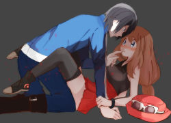 Rule 34 | 1boy, 1girl, all fours, arm support, bare shoulders, black background, black footwear, black hair, black shirt, black thighhighs, blue eyes, blue jacket, blue pants, blush, boots, breasts, brown hair, calem (pokemon), creatures (company), eye contact, finger to mouth, from side, full body, game freak, hand up, hat, jacket, jpeg artifacts, long hair, long sleeves, looking at another, lying, medium breasts, nintendo, on back, open mouth, pants, pleated skirt, pokemon, pokemon xy, red headwear, red skirt, ririse, serena (pokemon), shirt, shoes, short hair, simple background, skirt, sleeveless, sleeveless shirt, smile, sunglasses, sweat, thighhighs, unworn hat, unworn headwear, white-framed eyewear, zettai ryouiki