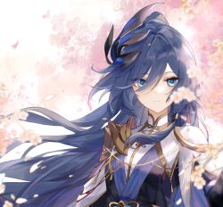 Rule 34 | 1girl, blue dress, blue eyes, blue hair, cape, cherry blossoms, closed mouth, dress, fu hua, grey hair, high ponytail, highres, honkai (series), honkai impact 3rd, long hair, long sleeves, looking at viewer, mangzhi yaoyao, official alternate costume, ponytail, solo, upper body, white cape