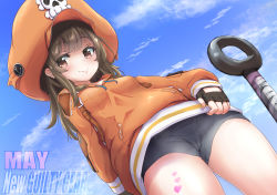 Rule 34 | 1girl, arc system works, black shorts, blush, breasts, brown eyes, brown hair, cameltoe, cleft of venus, day, fingerless gloves, gloves, guilty gear, guilty gear strive, hat, heart, heart tattoo, long hair, looking at viewer, may (guilty gear), orange hat, orange shirt, pirate hat, rabittofaa, shirt, shorts, skull and crossbones, smile, solo, tattoo