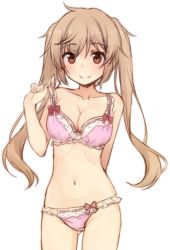Rule 34 | 10s, 1girl, ahoge, blush, bra, breasts, brown hair, cleavage, collarbone, gluteal fold, kantai collection, long hair, looking at viewer, medium breasts, murasame (kancolle), nagami yuu, navel, panties, pink bra, pink panties, red eyes, simple background, sketch, skindentation, smile, solo, strap lift, twintails, underwear, underwear only, white background
